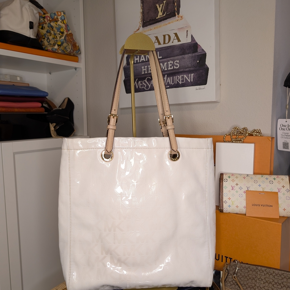 Michael Kors Cream Patent Leather Tote Bag with Beige Straps